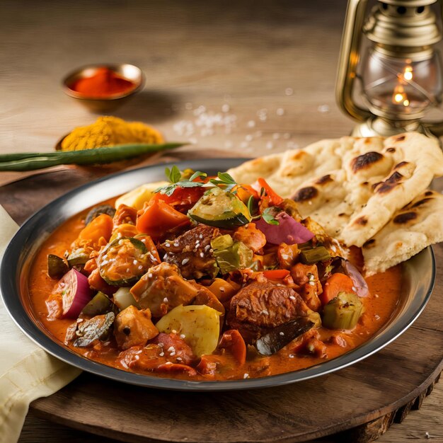 a plate of food with a spoon next to it with a pot of food on it