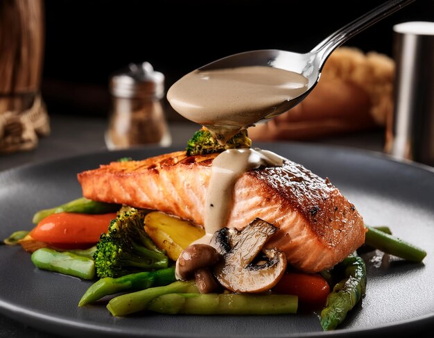 Photo a plate of food with a spoon and a spoon on it