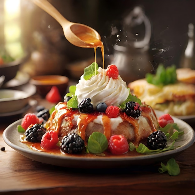 a plate of food with a spoon that has a spoon on it