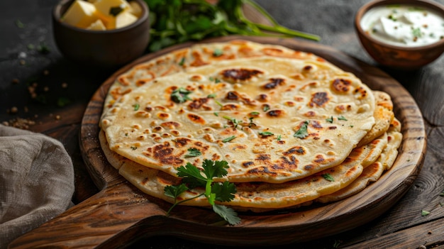 A plate of food with a stack of flatbreads and a bowl of white sauce