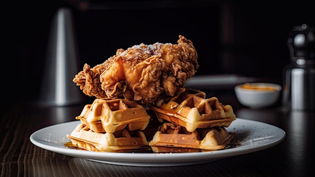 A plate of food with a stack of waffles on it