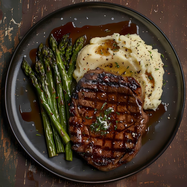 a plate of food with steak asparagus and mashed potatoes