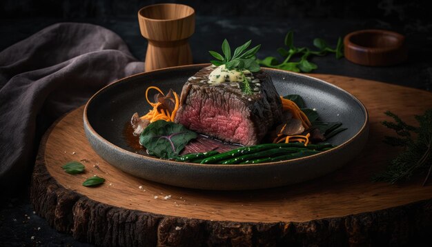 A plate of food with a steak on it and a bottle of wine in the background