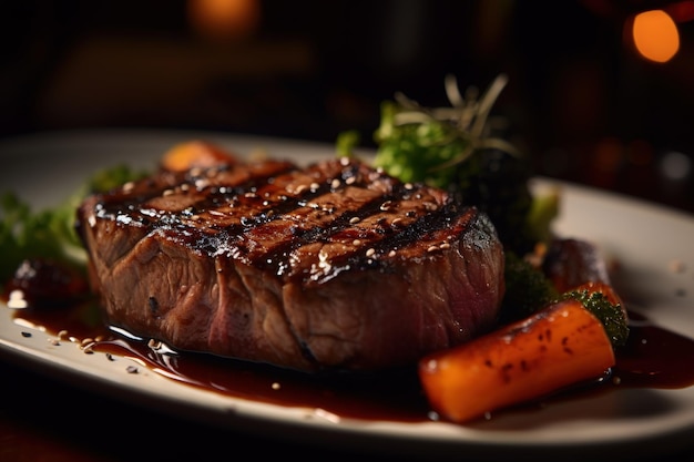 A plate of food with a steak on it