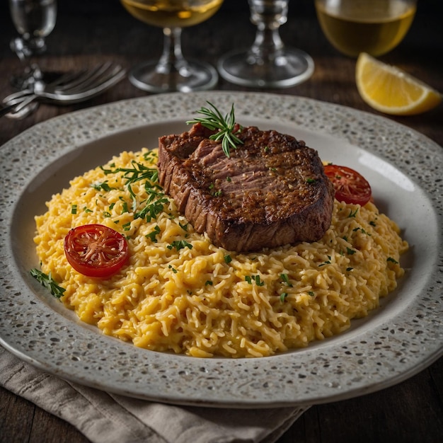 a plate of food with a steak and a plate of food on it