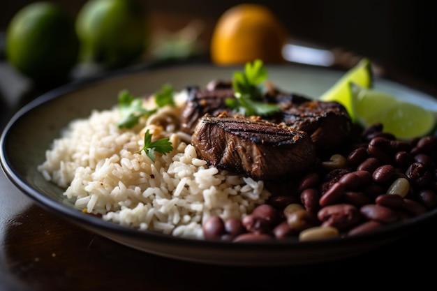 A plate of food with a steak and rice on it