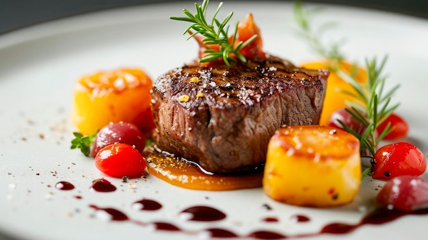 A plate of food with a steak and a side of vegetables