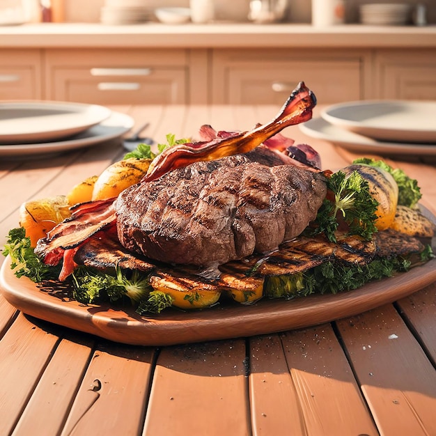 a plate of food with a steak and vegetables on it