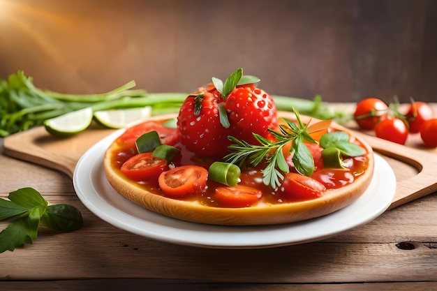 A plate of food with strawberries and a slice of cucumber on a wooden table.