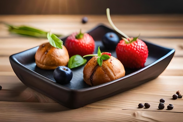 A plate of food with a strawberry and blueberries on it