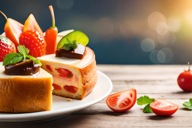 A plate of food with a strawberry cake on it