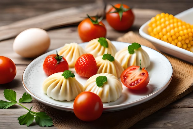 a plate of food with a strawberry and egg on it