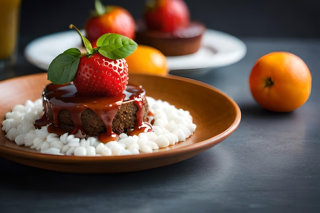 A plate of food with a strawberry on top