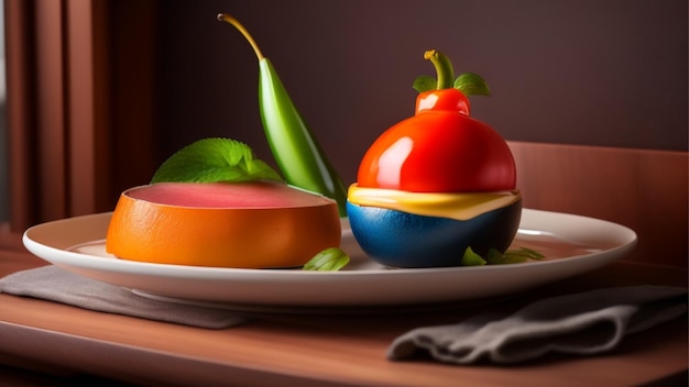 A plate of food with a tomato on it and a pepper on the side.