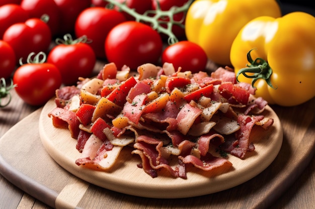 A plate of food with tomatoes and bacon on it