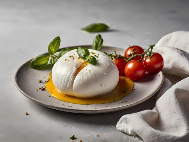 Photo a plate of food with tomatoes and a burrata cheese