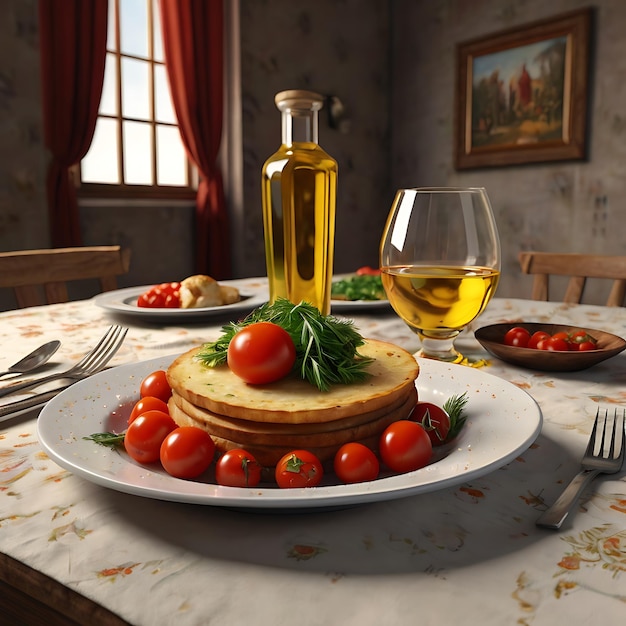 a plate of food with tomatoes and a glass of wine