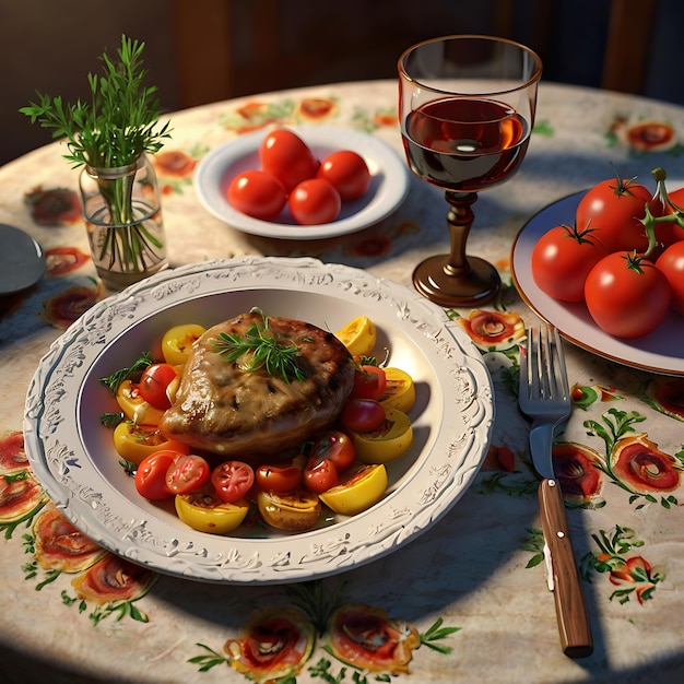 a plate of food with tomatoes and a glass of wine