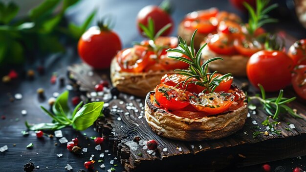 A plate of food with tomatoes and herbs on top of a wooden surface