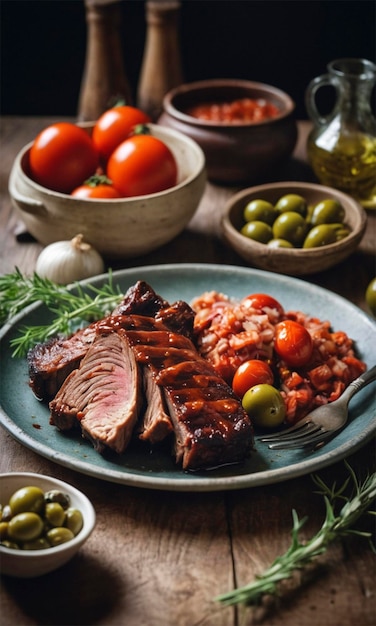 a plate of food with tomatoes tomatoes and olives