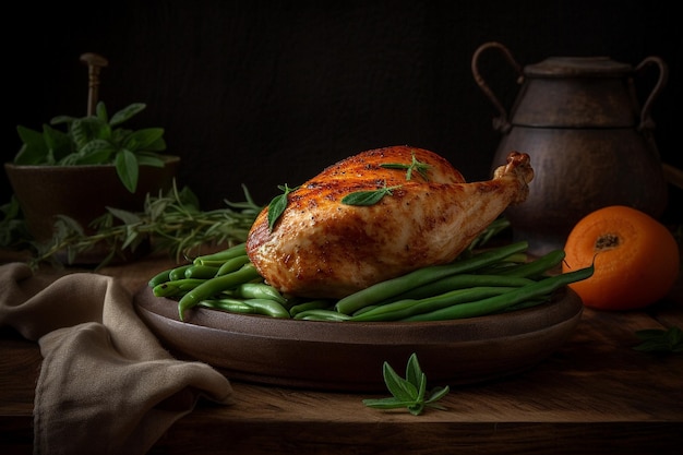 A plate of food with a turkey and green beans