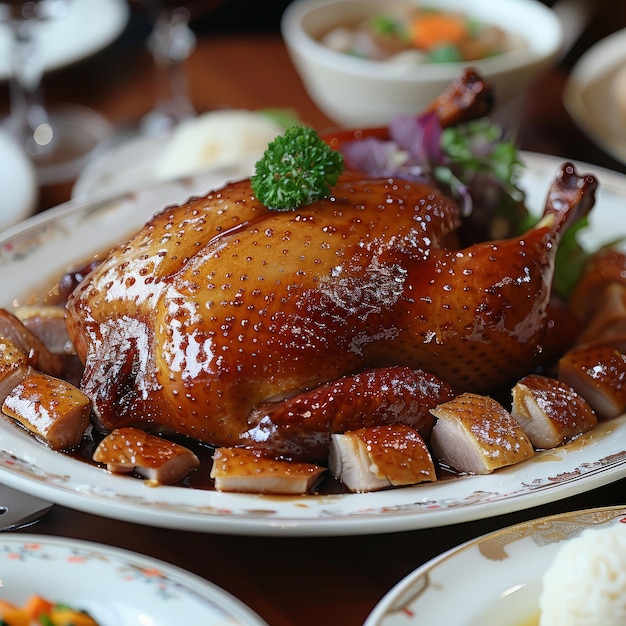 a plate of food with a turkey and vegetables