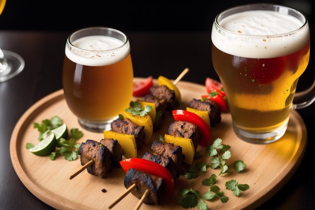 A plate of food with two glasses of beer and a plate of skewers with a beer on it.