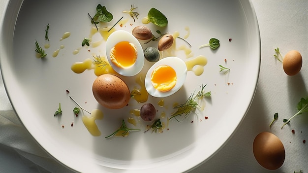 A plate of food with two hard boiled eggs on it