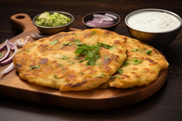 a plate of food with two small bowls of dips and a bowl of dip