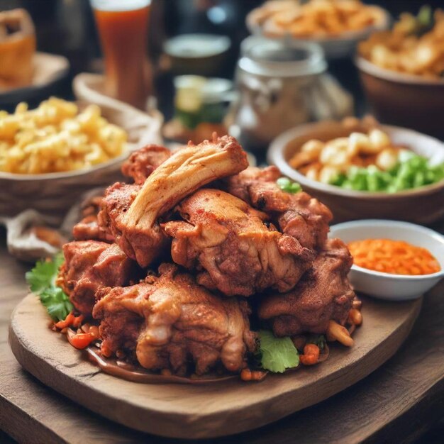 a plate of food with a variety of dishes including meat corn and corn