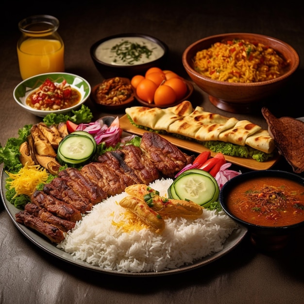 A plate of food with a variety of food including meat, vegetables, and a drink.