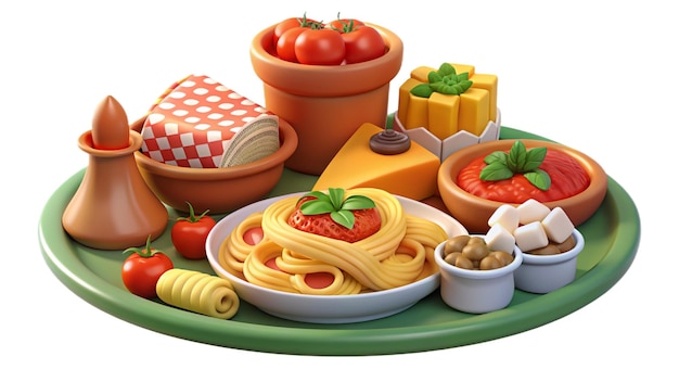 a plate of food with a variety of food including pasta and vegetables