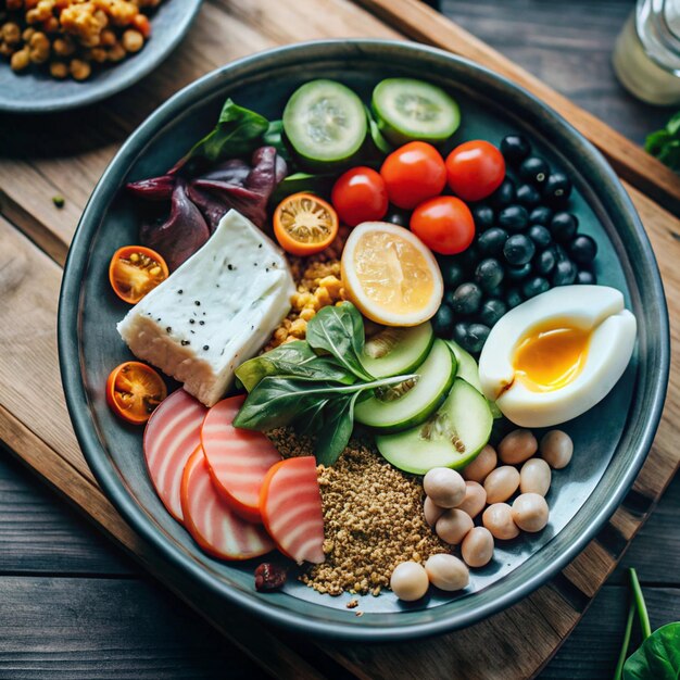 Photo a plate of food with a variety of food on it