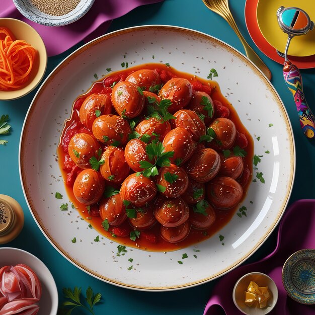 Photo a plate of food with a variety of food on it