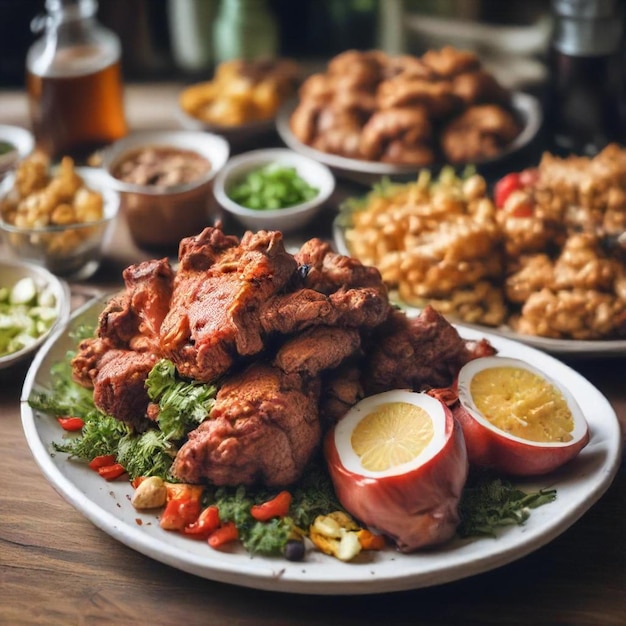 Photo a plate of food with a variety of food on it