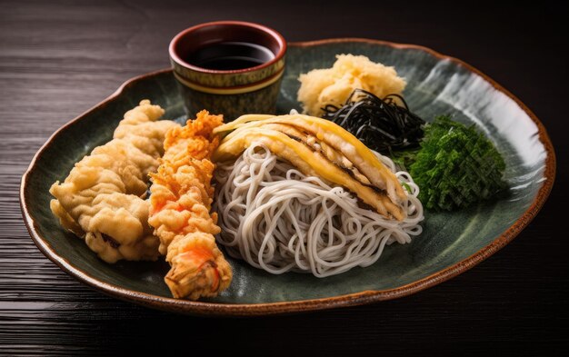 A plate of food with a variety of foods including kimchi, rice, and soy sauce.