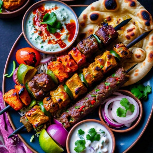 Photo a plate of food with a variety of ingredients including a pizza and a salad