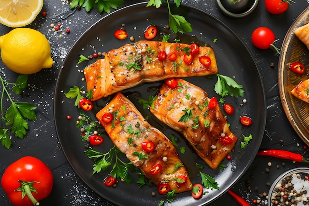 Photo a plate of food with a variety of ingredients including salmon and parsley