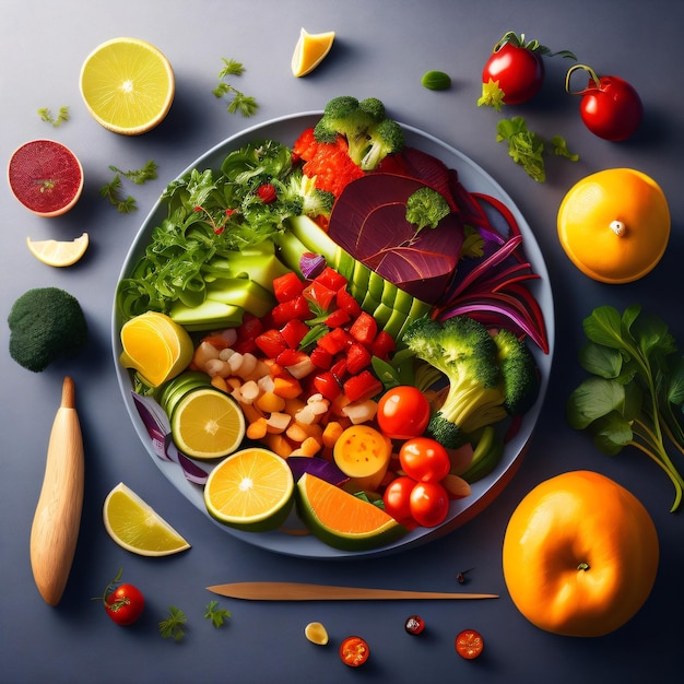 A plate of food with a variety of vegetables and fruits