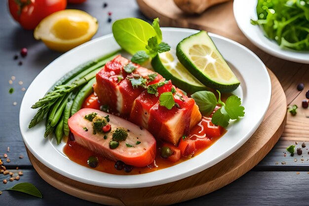 a plate of food with a variety of vegetables including salmon, cucumber, and lemon.