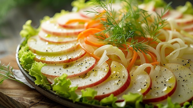 a plate of food with vegetables and herbs on it