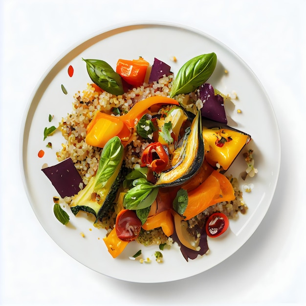 A plate of food with vegetables and a picture of the word " pesto " on the side.