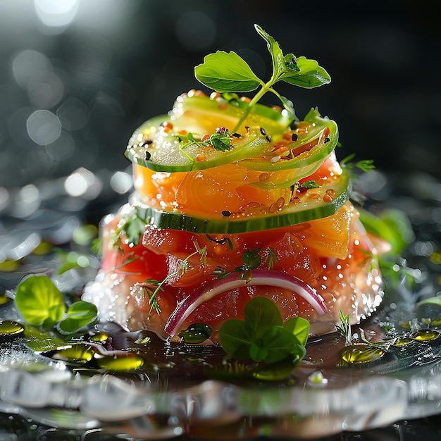 a plate of food with vegetables and a piece of cucumber on it