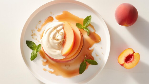 Photo a plate of food with whipped cream and peaches on it ai