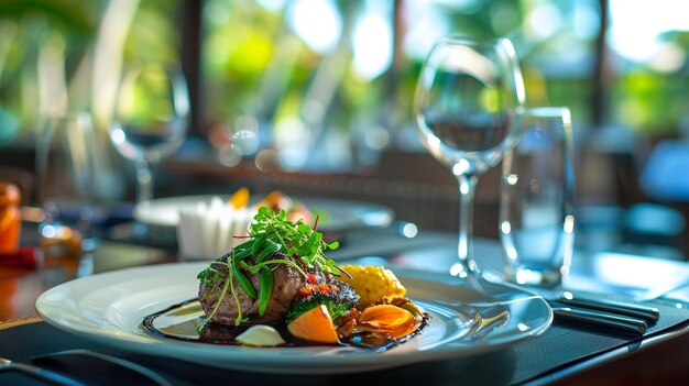 a plate of food with a wine glass and a wine glass