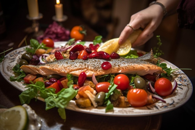 A plate of food with a woman's hand sprinkling lemon on it