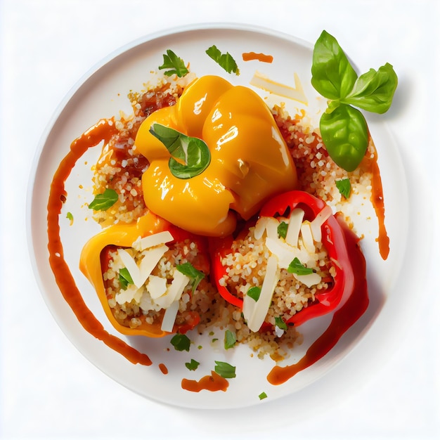 A plate of food with a yellow pepper and a red pepper on top.