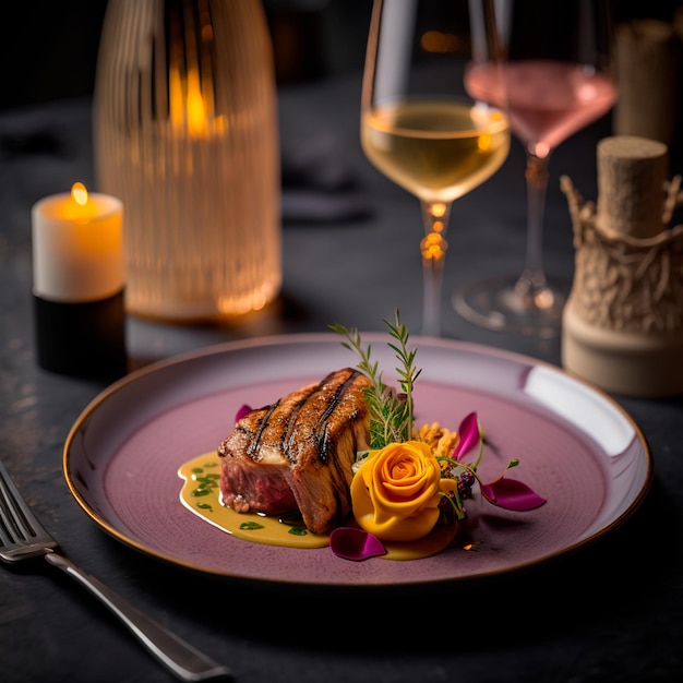 A plate of food with a yellow rose on it