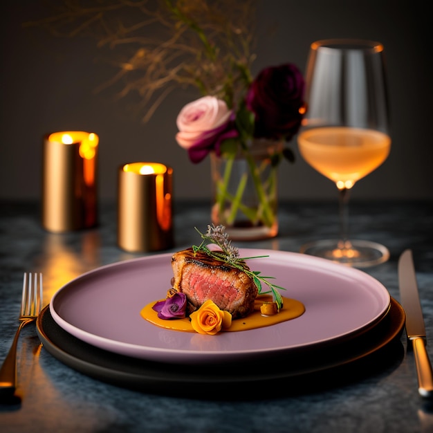 A plate of food with a yellow sauce on it and a glass of wine in the background.