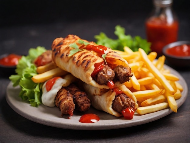 Photo a plate of french fries ketchup and ketchup on a table